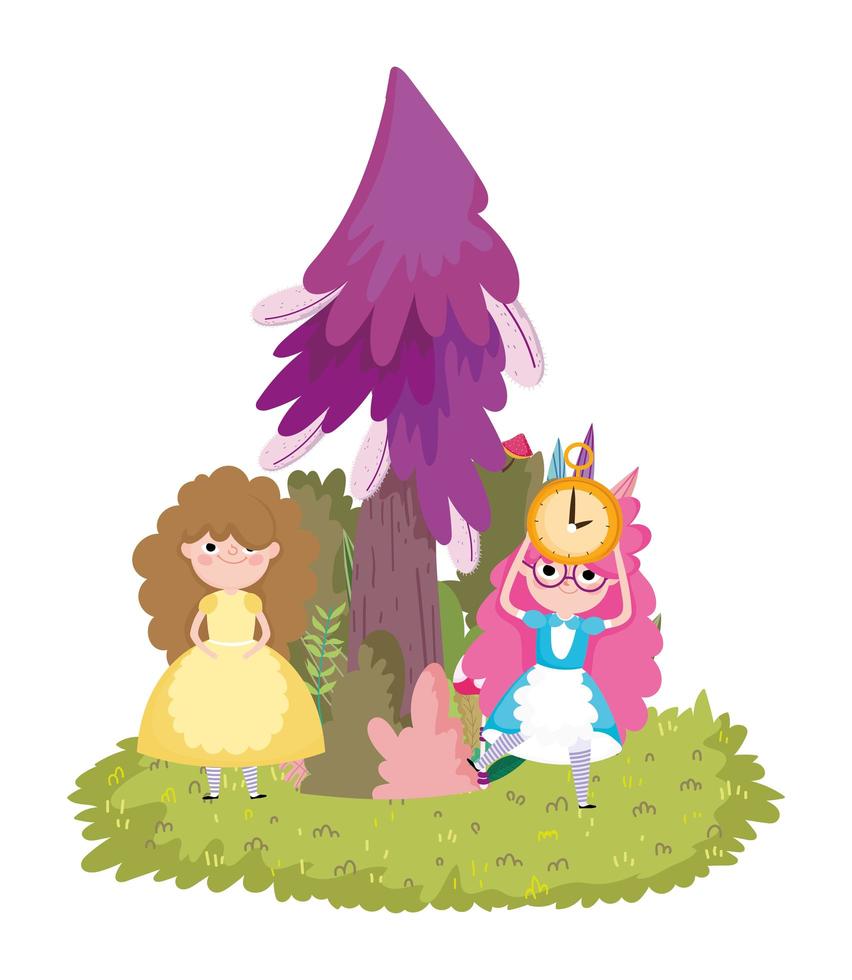 girl clock pine tree grass in wonderland cartoon vector