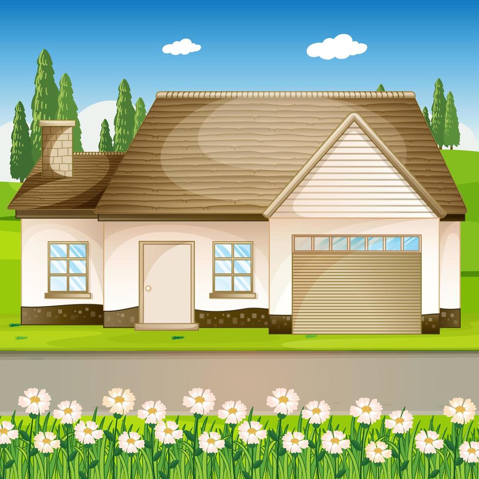 Outdoor scene with a house and flower field vector