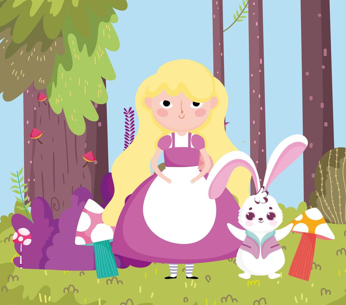 girl with rabbit tree forest mushroom grass in wonderland vector