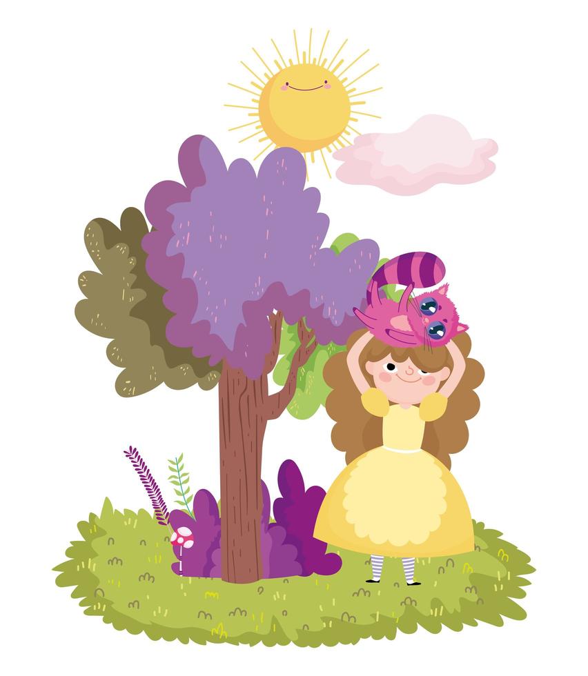 girl with cat in head tree foliage sun cloud in wonderland vector