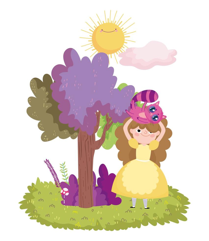 niña con gato en la cabeza follaje de árbol nube de sol en el país de las maravillas vector