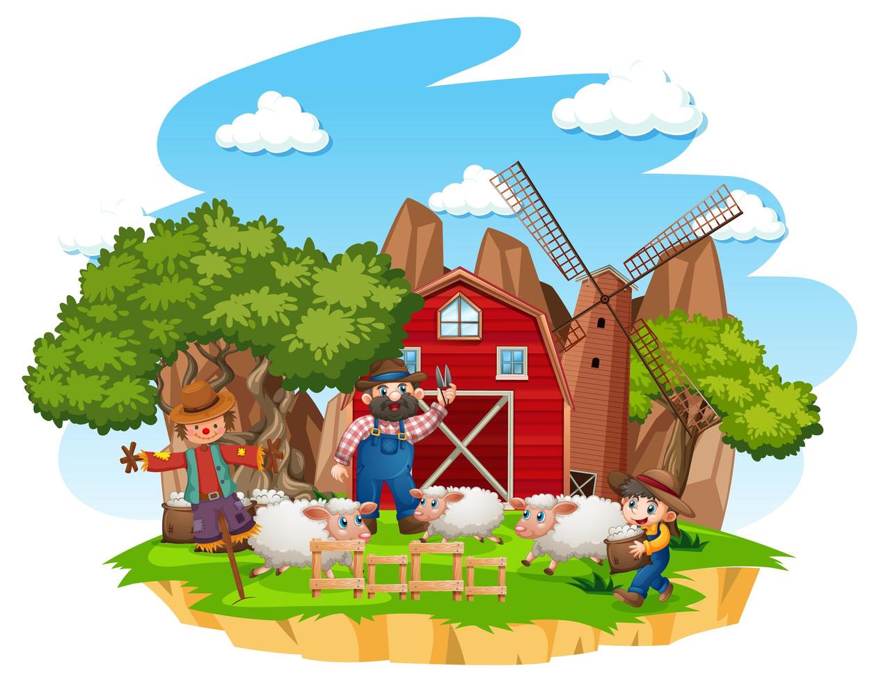 Farm with red barn and windmill on white background vector