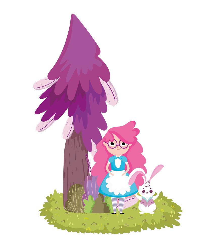 girl and rabbit tree plants greenery in wonderland vector