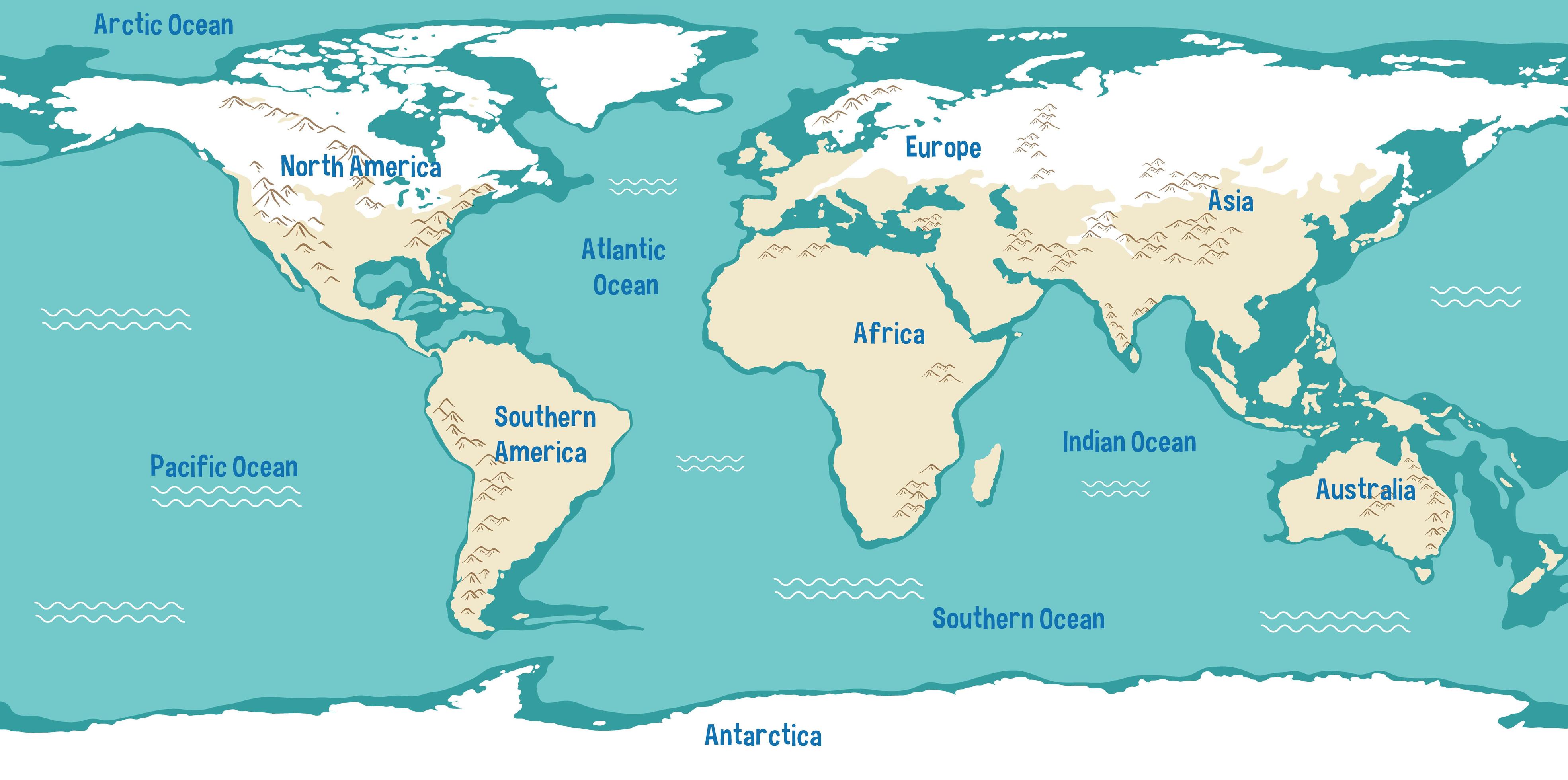 World map with continents names and oceans 1845003 vector art at vecteezy