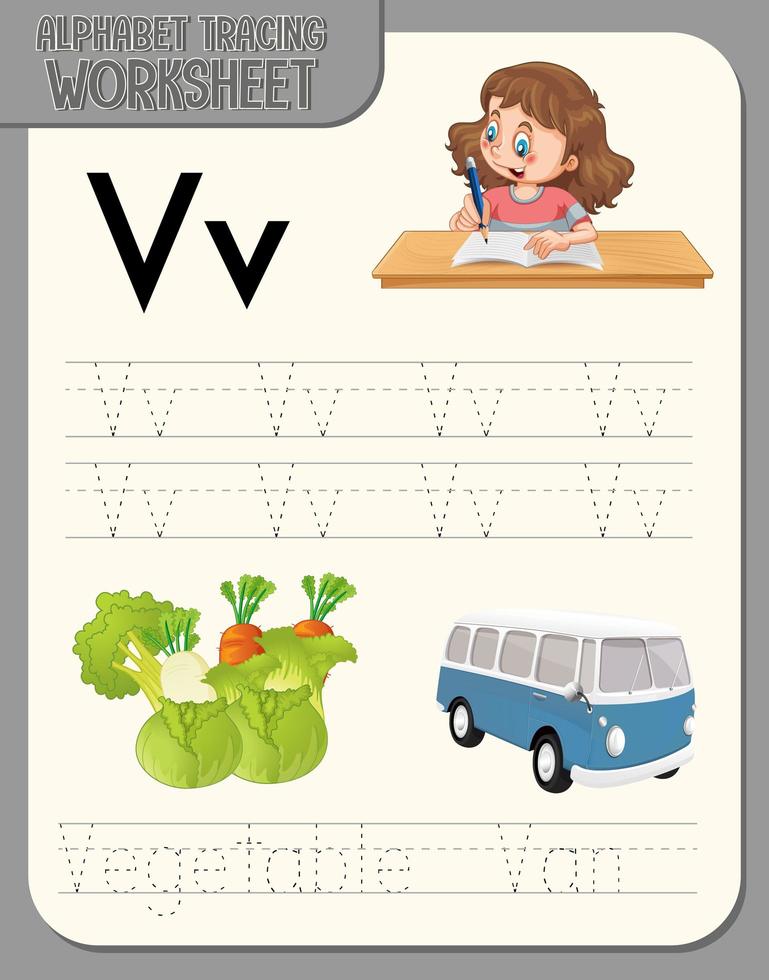 Alphabet tracing worksheet with letter V and v vector