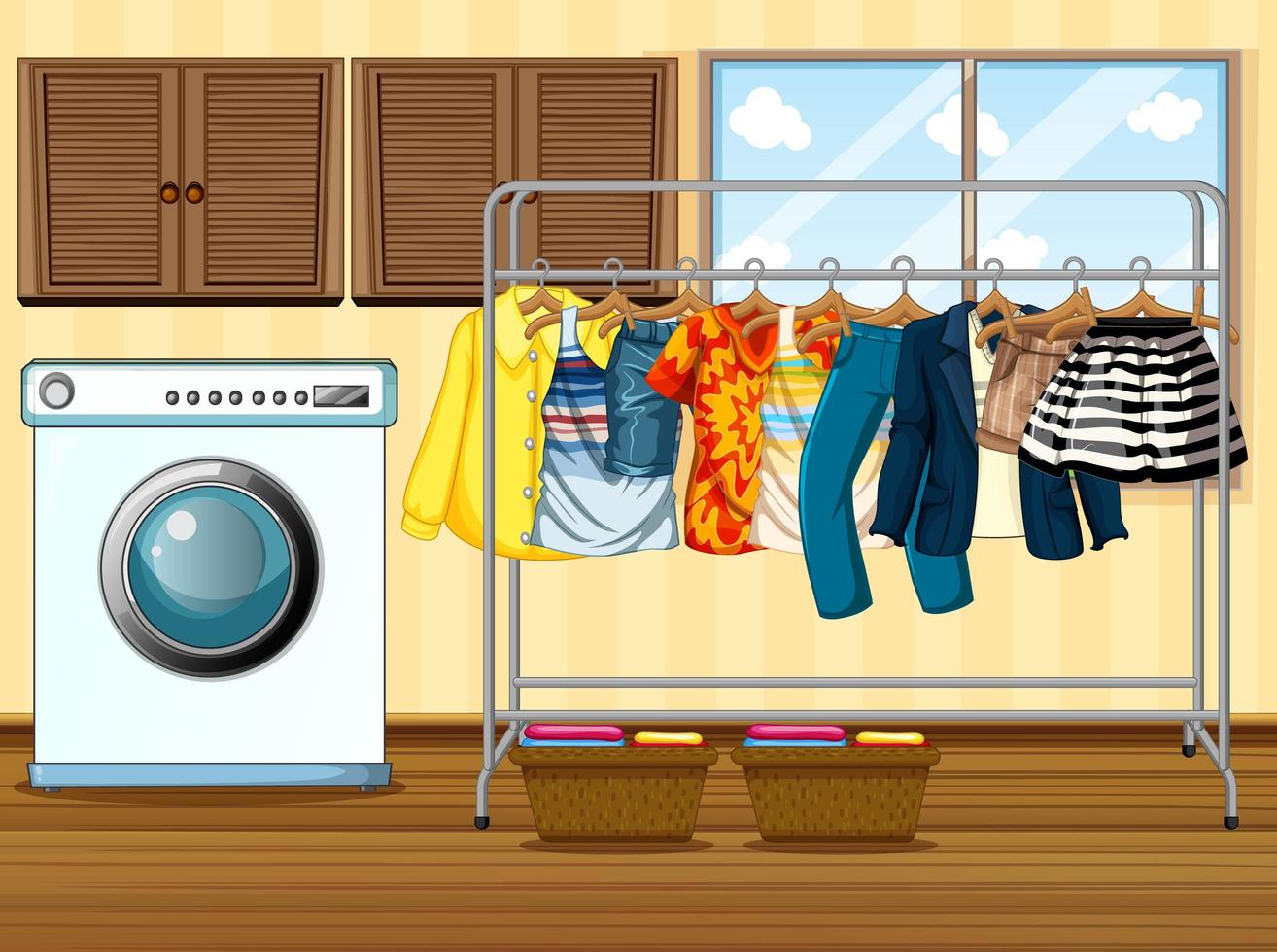 Clothes hanging on a clothesline with washing machine in the room scene vector