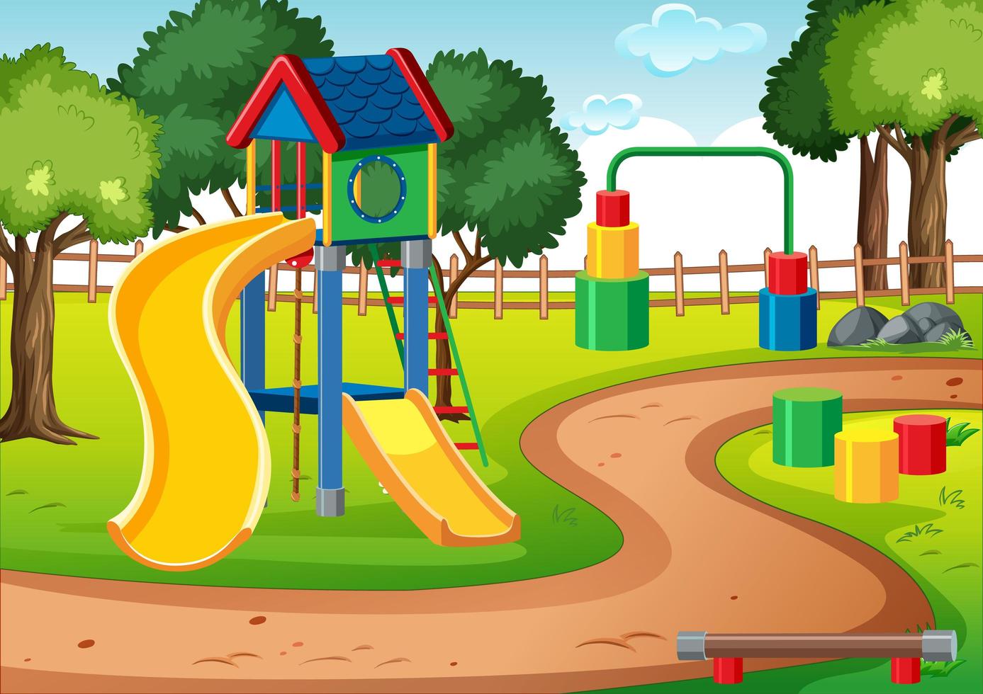 Parque infantil en blanco con toboganes en la escena. vector