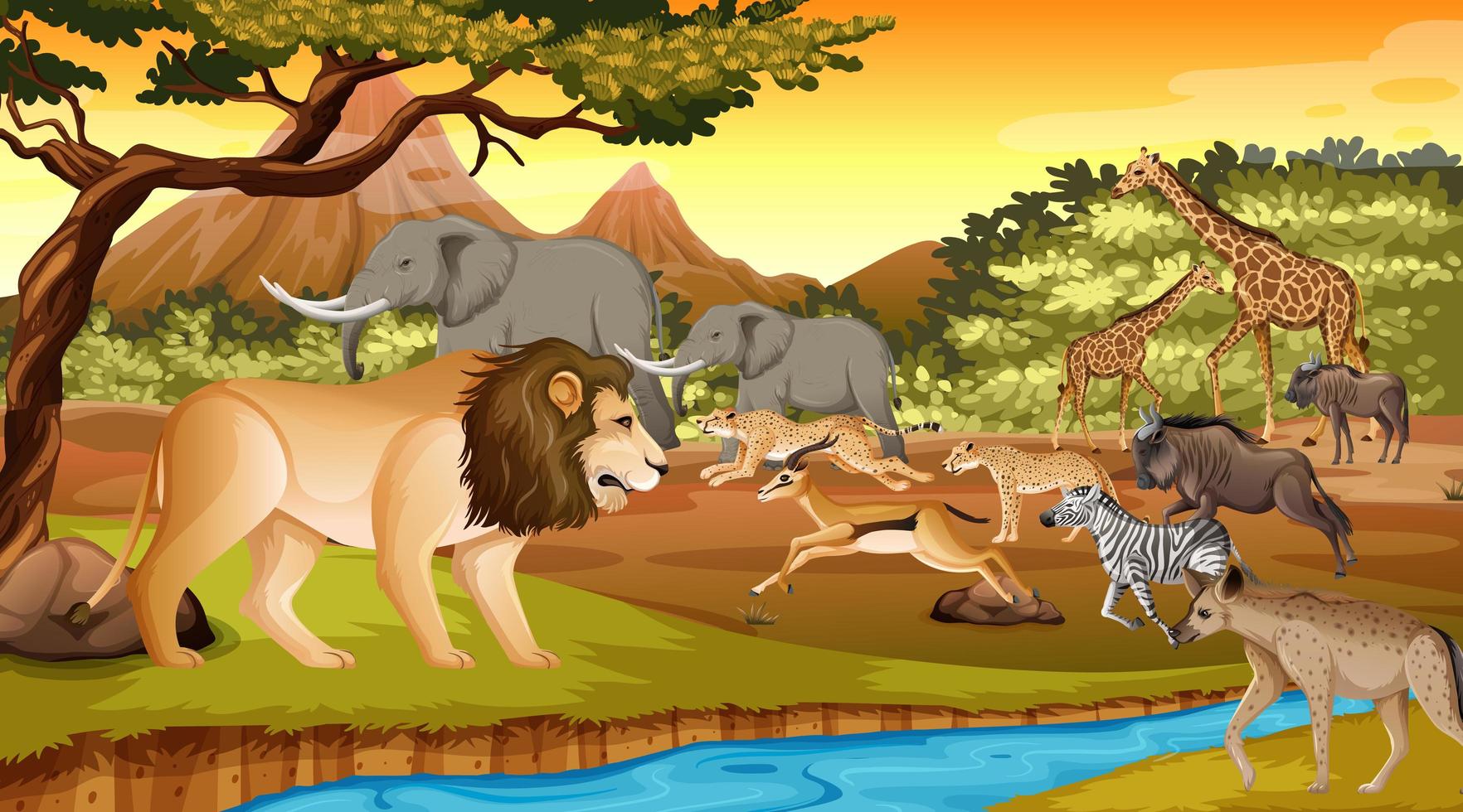 Grupo de animales salvajes africanos en la escena del bosque vector