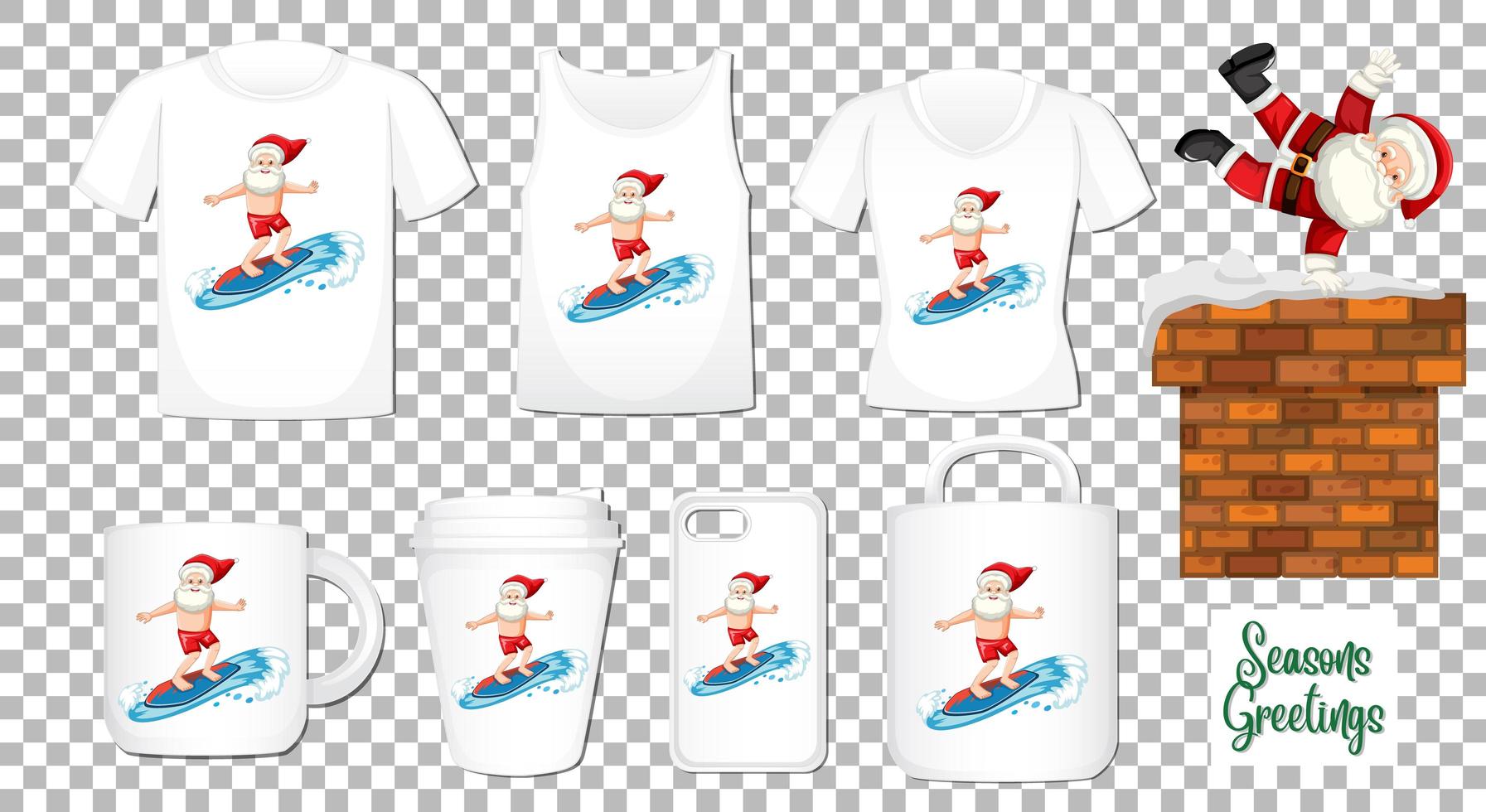 Santa claus bailando personaje de dibujos animados con un conjunto de diferentes productos de ropa y accesorios sobre fondo transparente vector