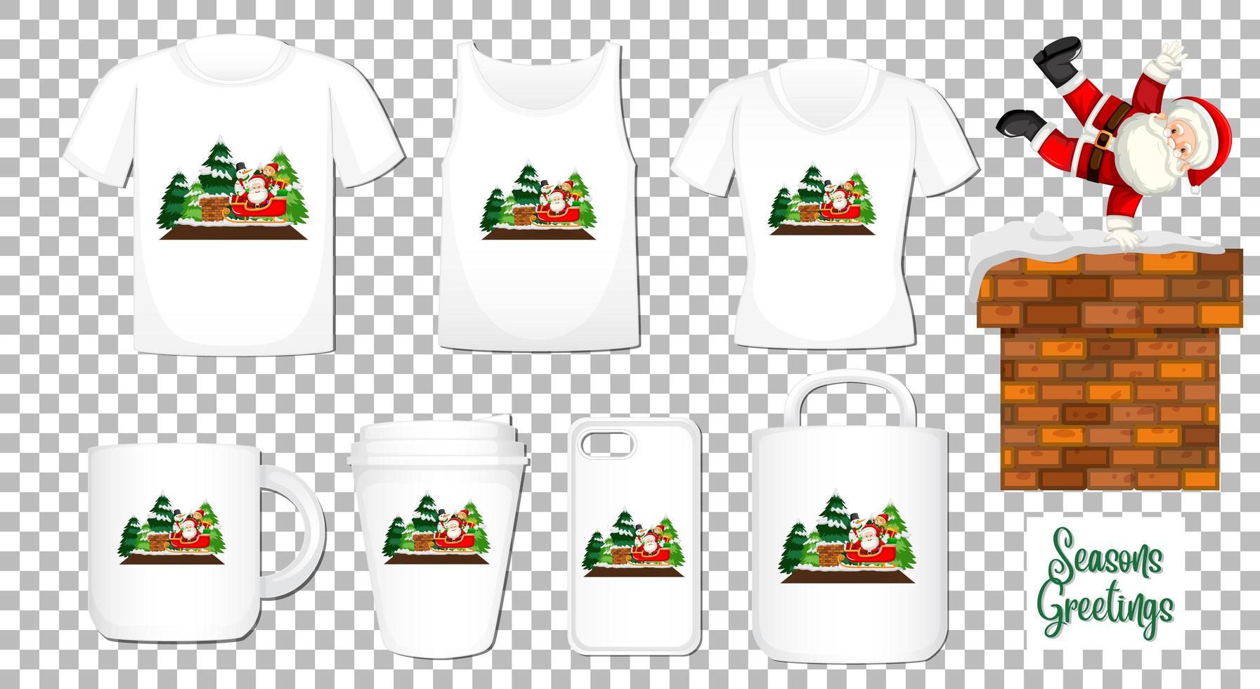 Santa claus bailando personaje de dibujos animados con un conjunto de diferentes productos de ropa y accesorios sobre fondo transparente vector