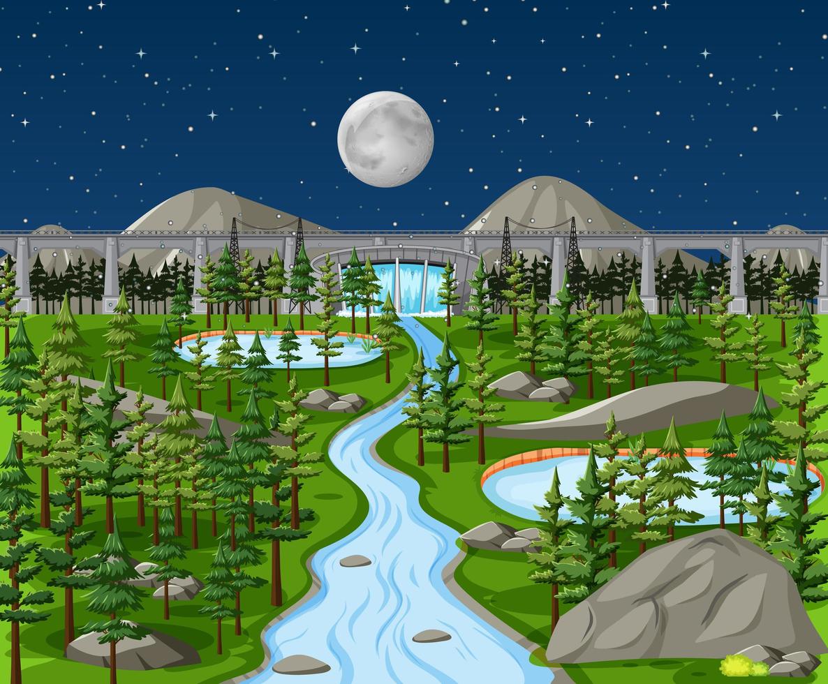 Dam in nature landscape at night scene vector