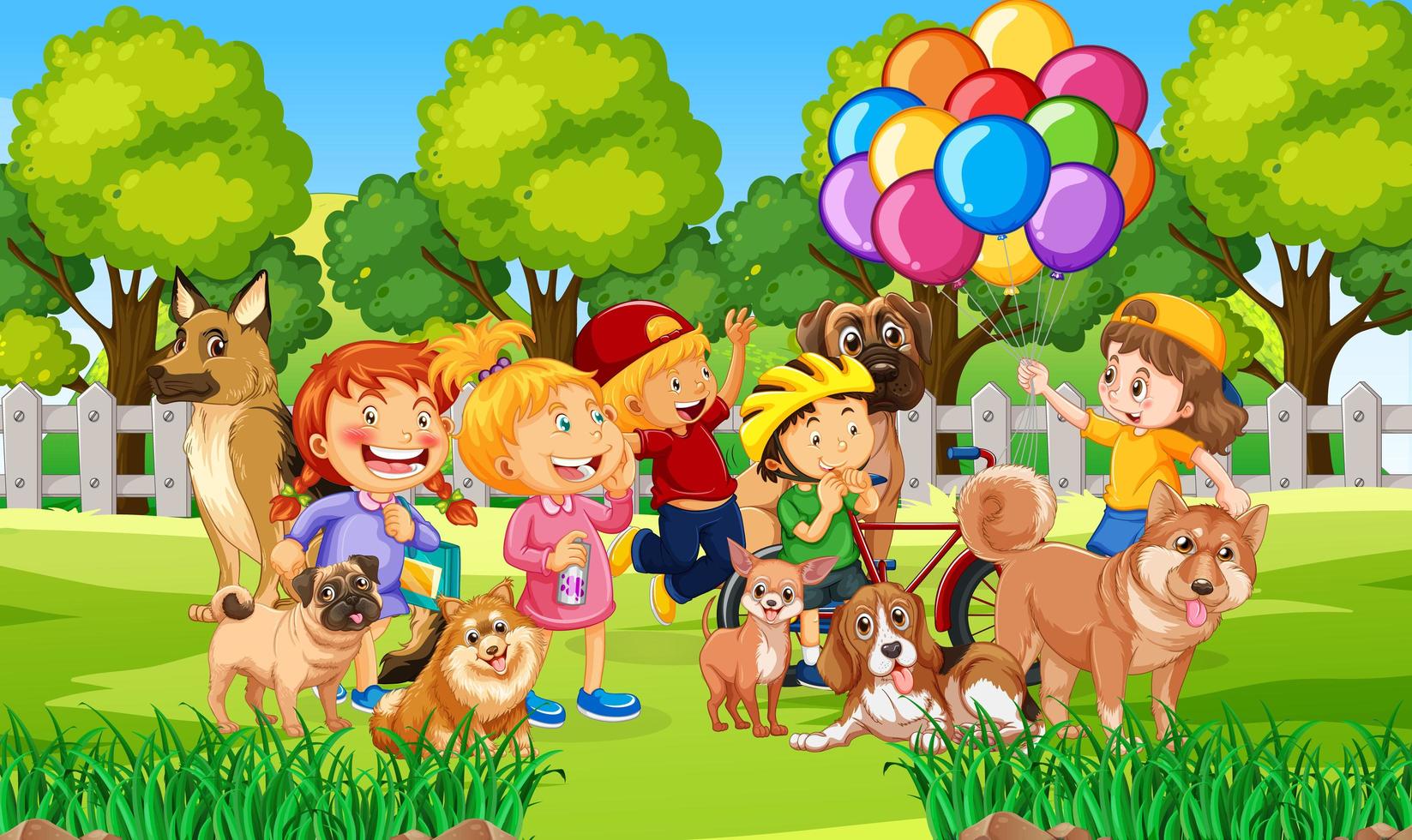 Park outdoor scene with many children and their pet vector