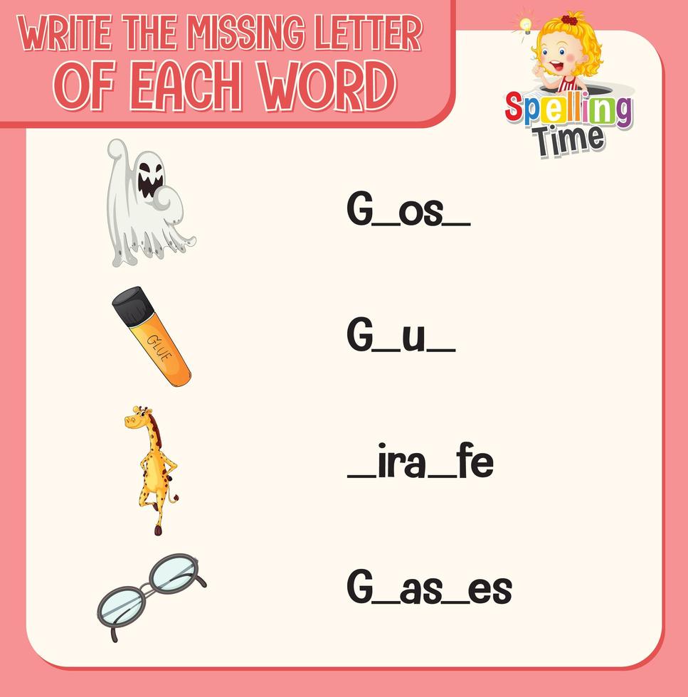 Write the missing letter of each word worksheet for children vector