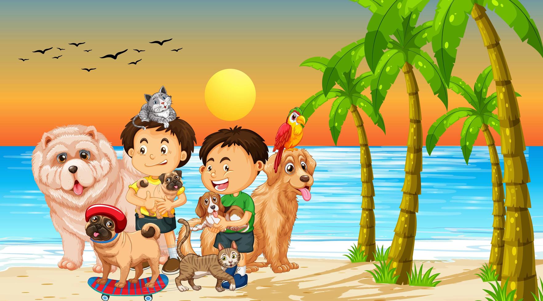 Beach outdoor scene at sunset time with group of pet and children vector