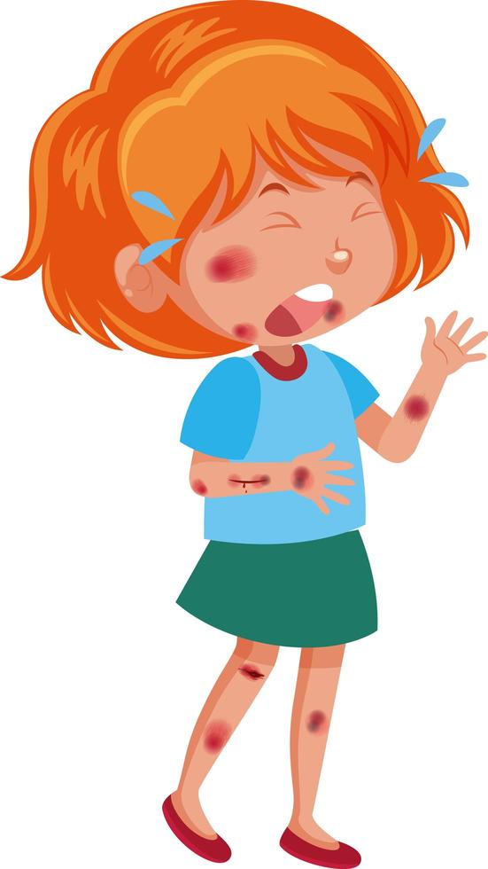 Girl injured at cheek and arm cartoon character isolated on white background vector