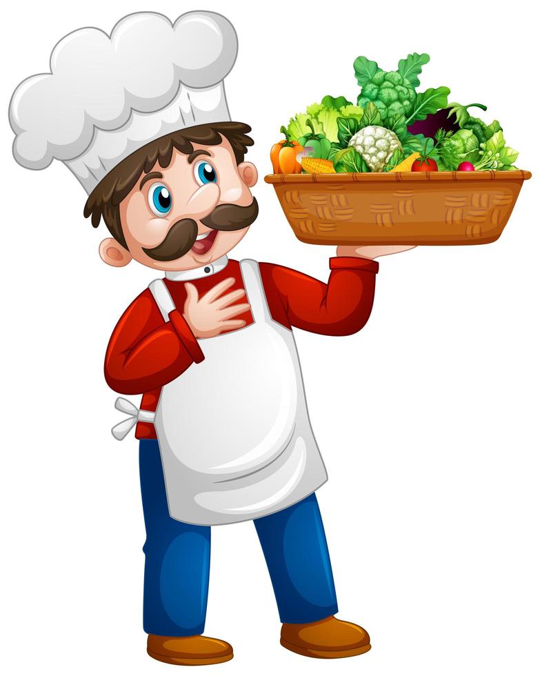 Chef hombre sosteniendo un cubo de verduras personaje de dibujos animados aislado sobre fondo blanco. vector