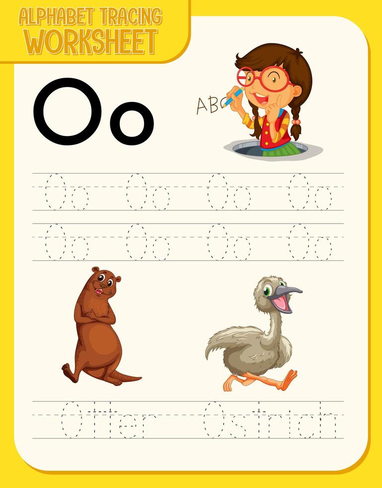 Alphabet tracing worksheet with letter O and o vector