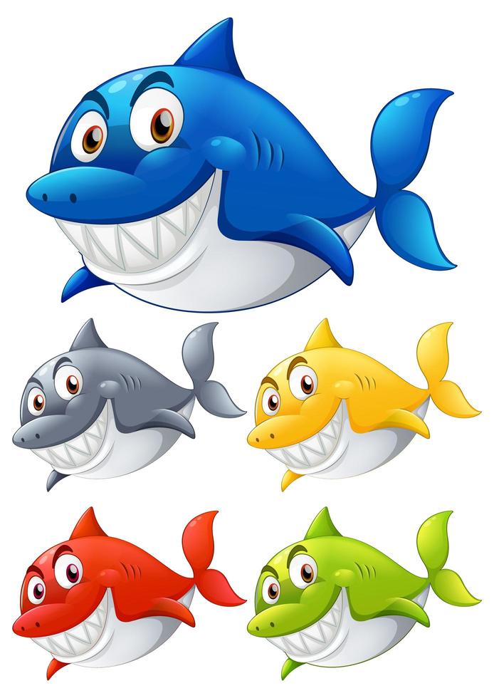 Conjunto de tiburón de diferentes colores, personaje de dibujos animados sonriente sobre fondo blanco. vector