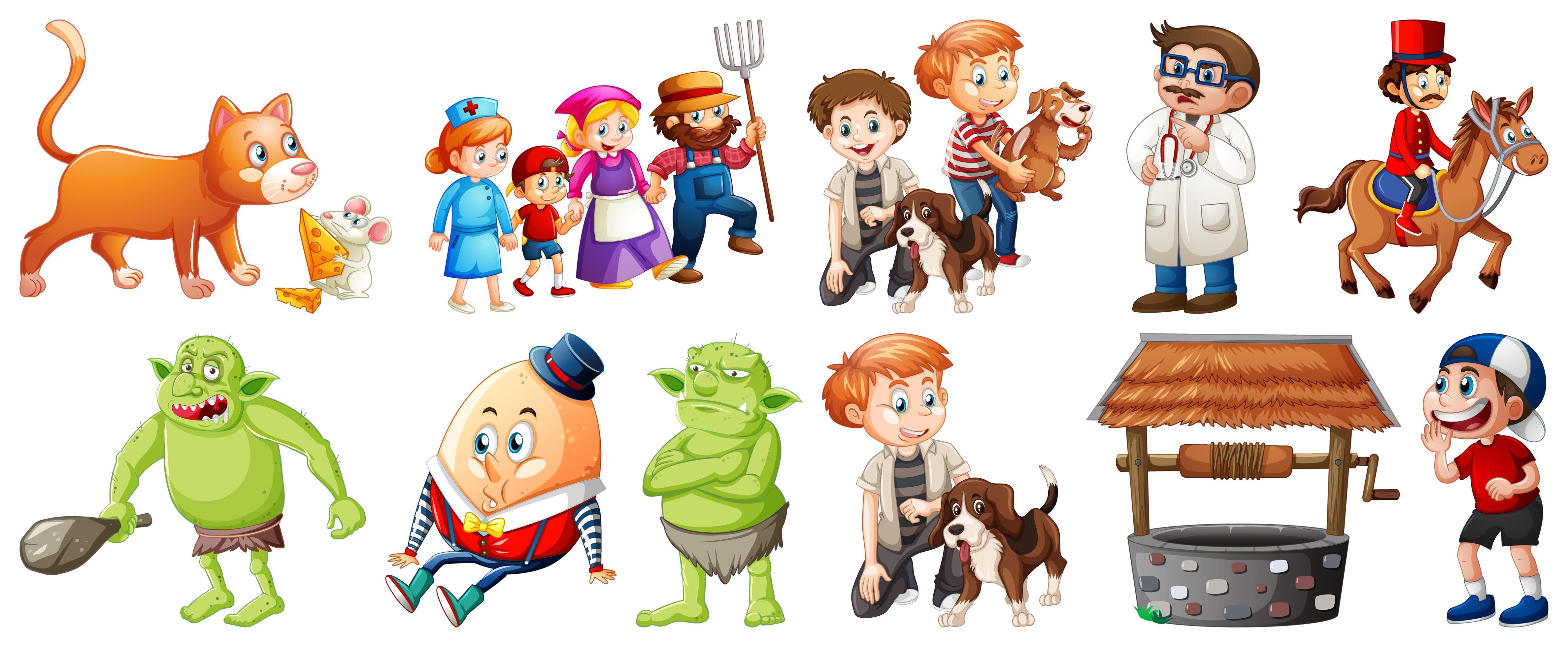 Set of different nursery rhyme character isolated on white background