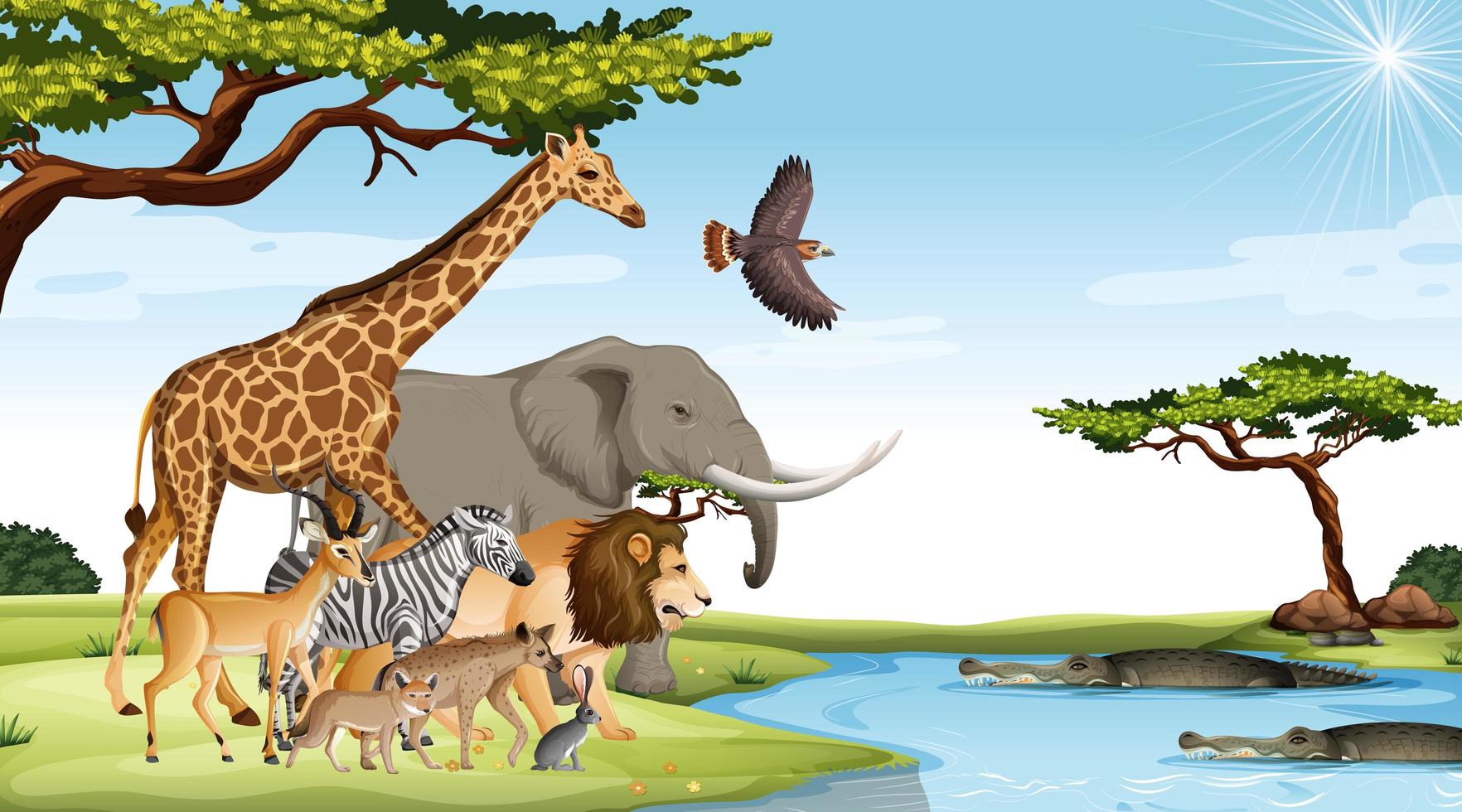 Grupo de animales salvajes africanos en la escena del bosque vector