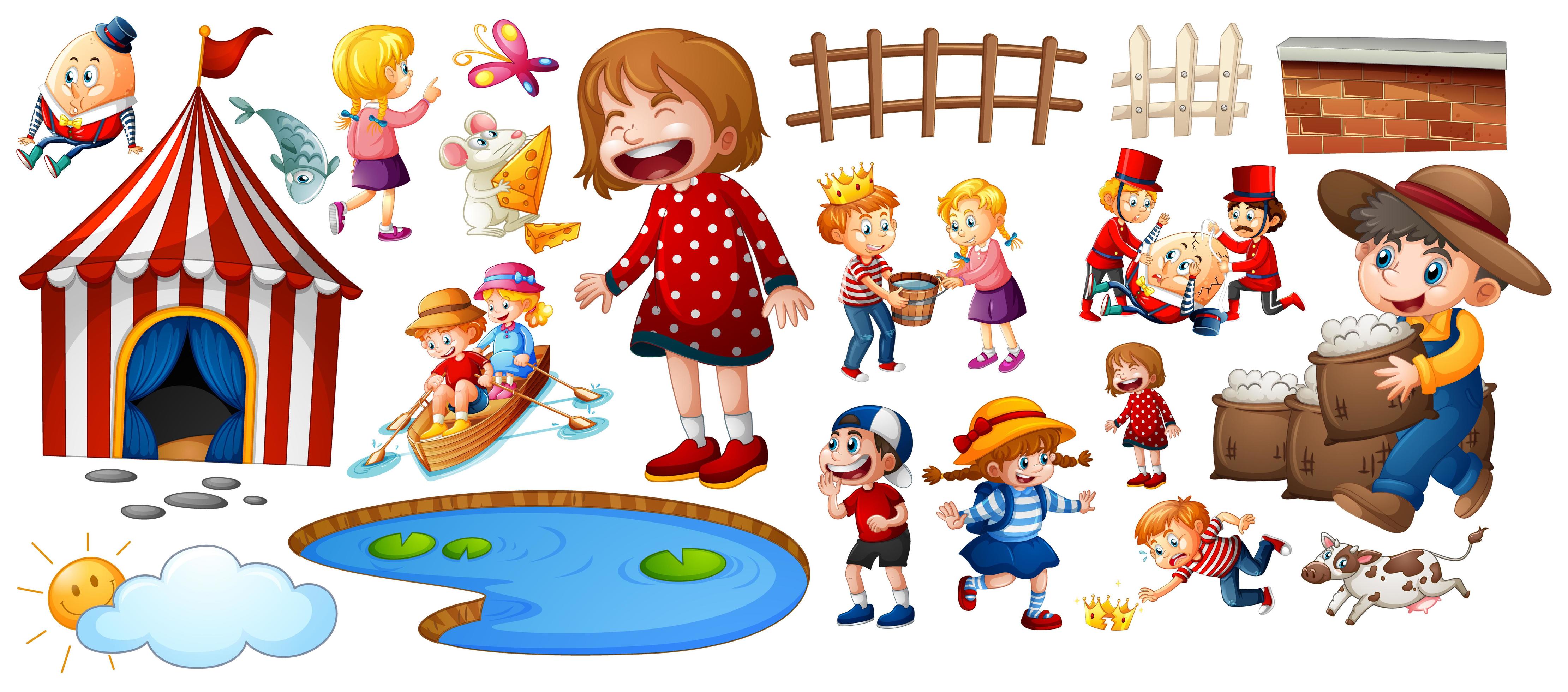 Set of different nursery rhyme character isolated on white background