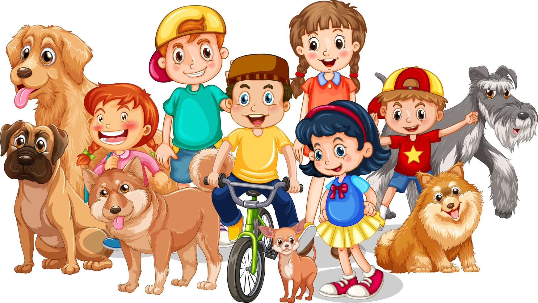 Group of children with their dogs on white background vector