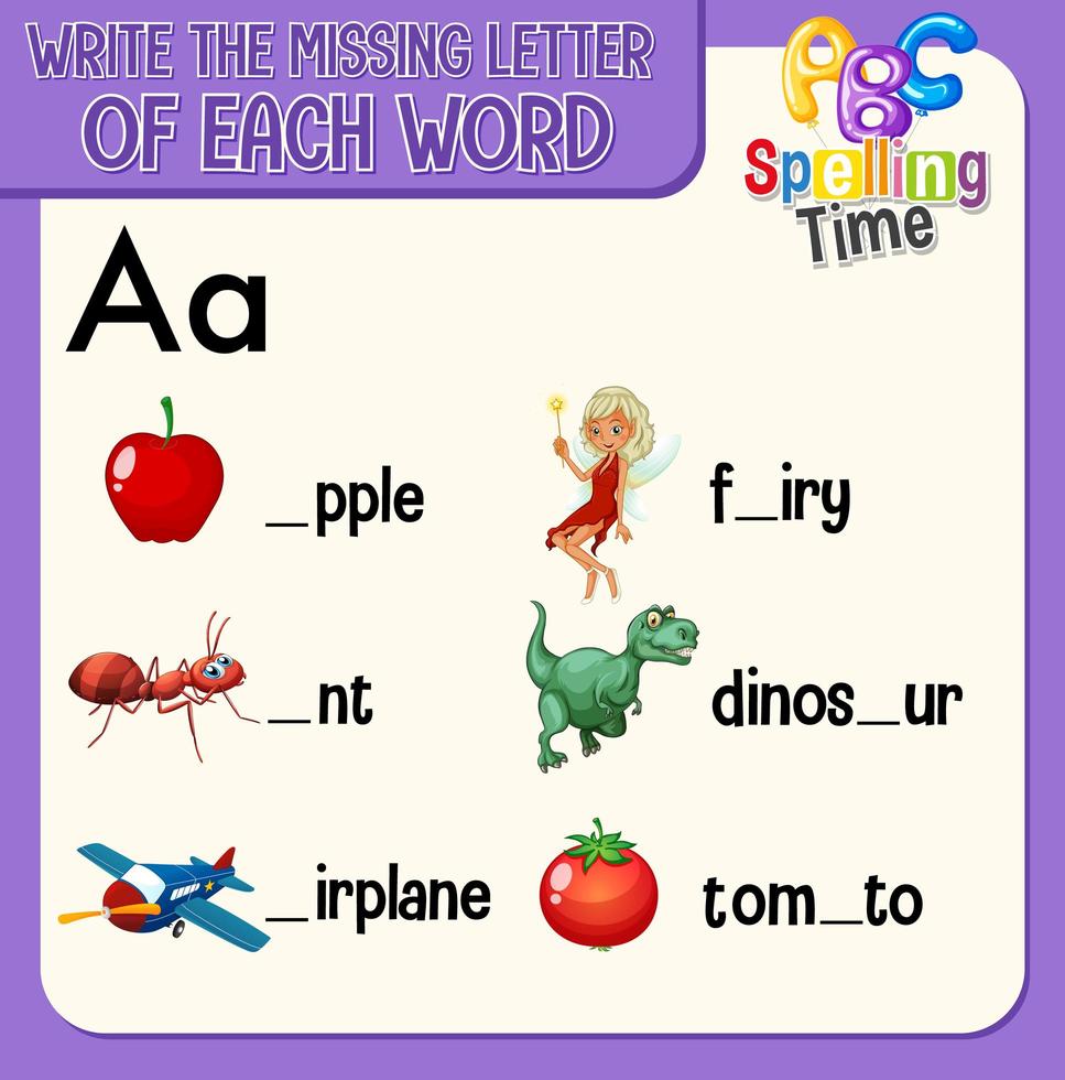 Fill the missing letter of each word worksheet for children vector