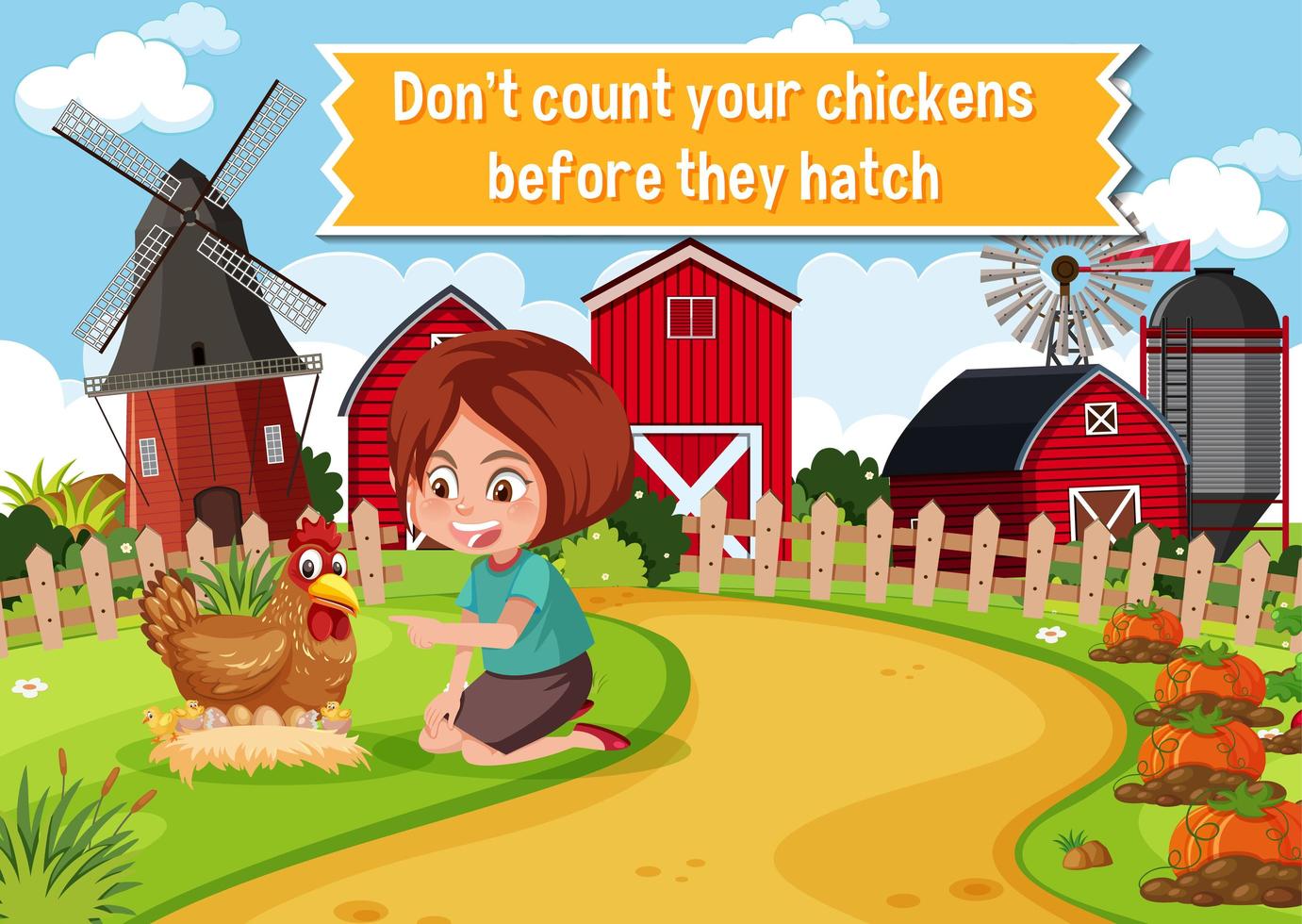 English idiom with picture description for don't count your chickens before they hatch vector