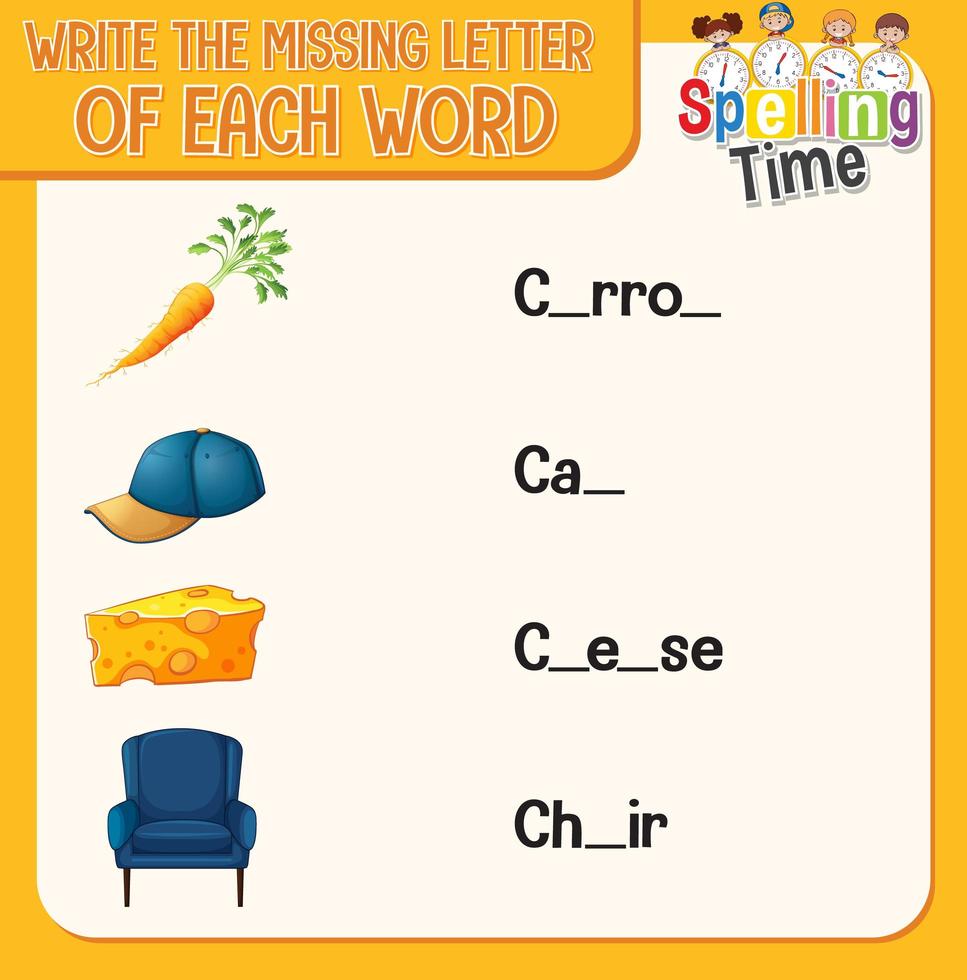 Write the missing letter of each word worksheet for children vector