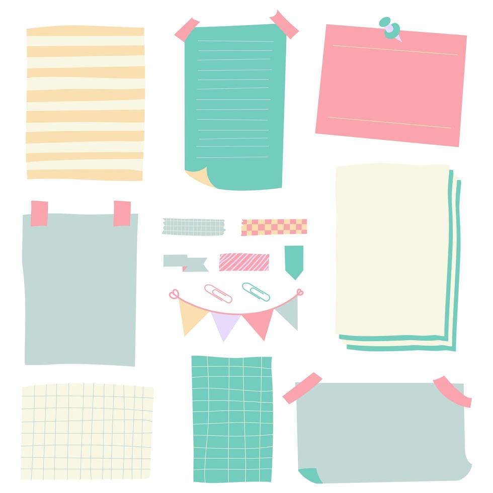 Sticky paper notes. Notepaper sheet, paper memo colorful stickers, sticky business post pin note isolated vector illustration icons set. Sticker reminder, stick blank remember