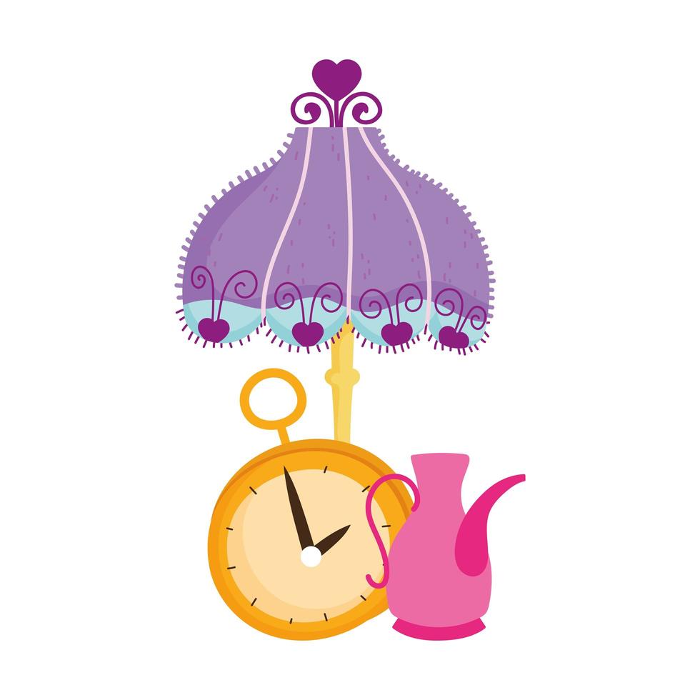 wonderland, clock lamp teapot cartoon decoration vector