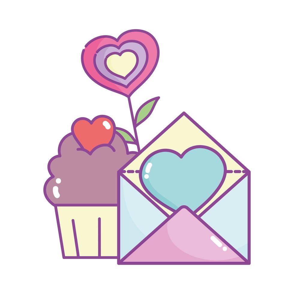 feliz día de san valentín, tarjeta de correo y cupcake corazones amor flor vector