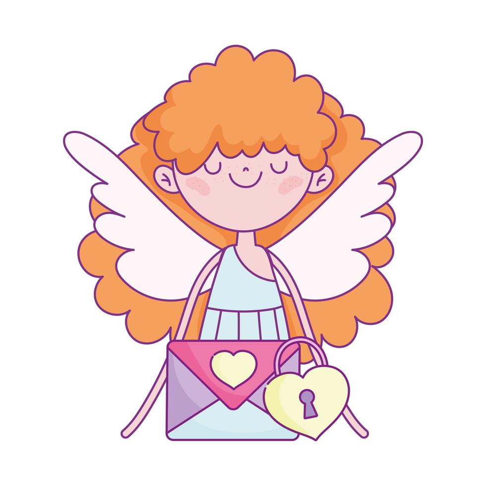 happy valentines day, cute cupid with envelope message padlock vector