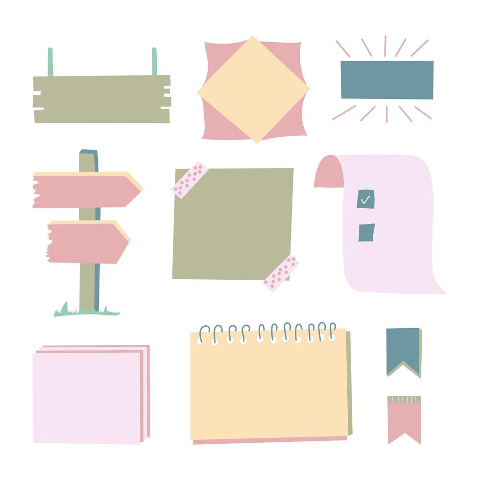 Vector set of paper frames, blank template, different memo stickers and tapes, photo cards, isolated illustrations, backgrounds, reminder, notebook pages.