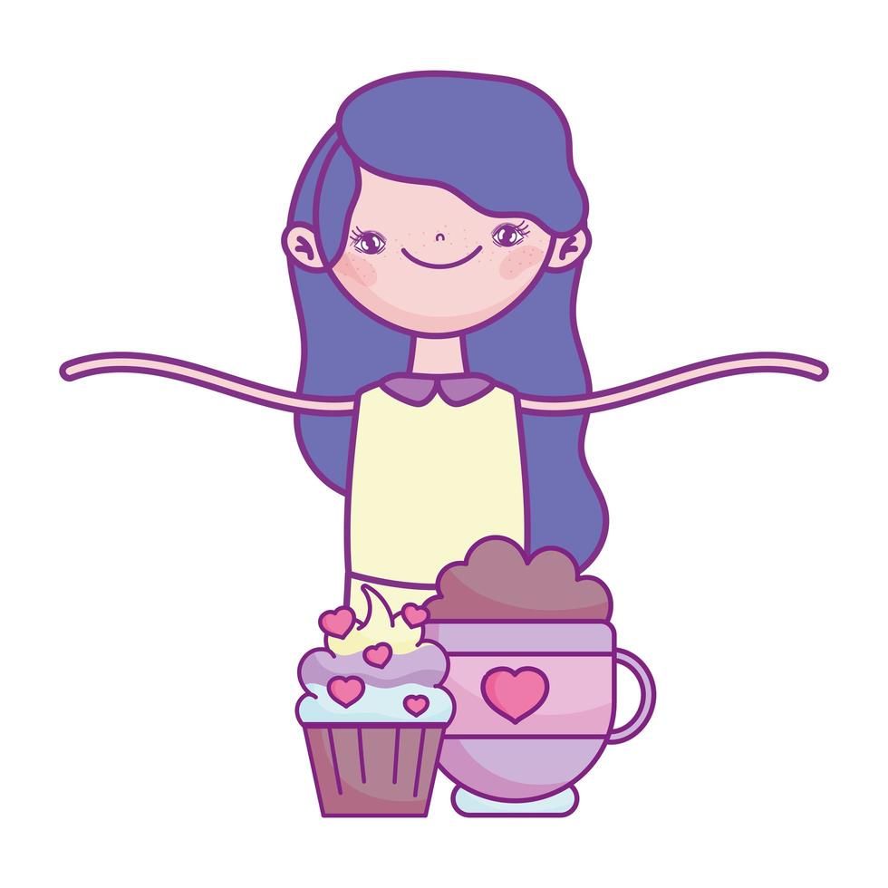 feliz día de san valentín, linda chica con cupcake y taza de chocolate corazones amor vector