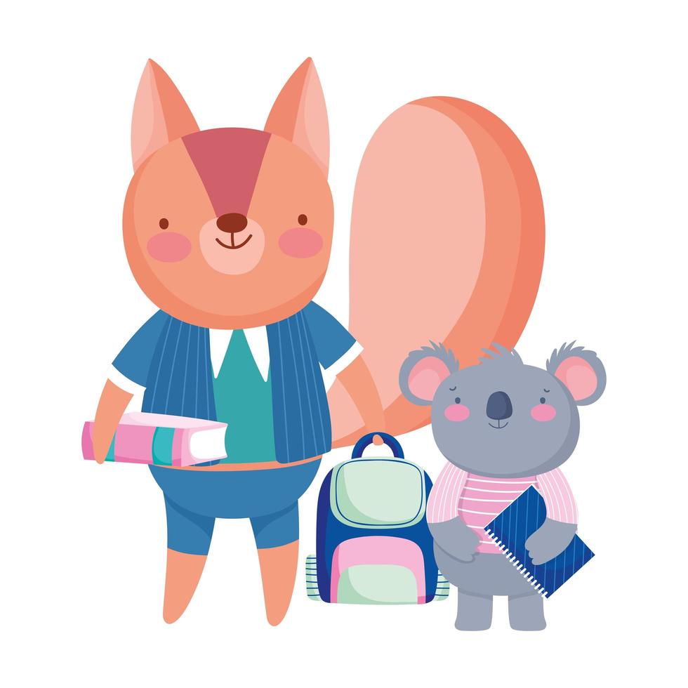 regreso a la escuela, mochila y libro de pizarra de koala ardilla vector