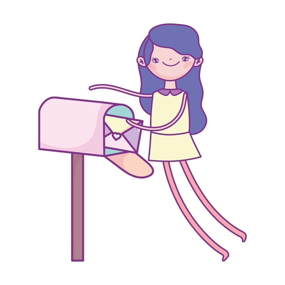 happy valentines day, girl with envelope in mailbox hearts love vector