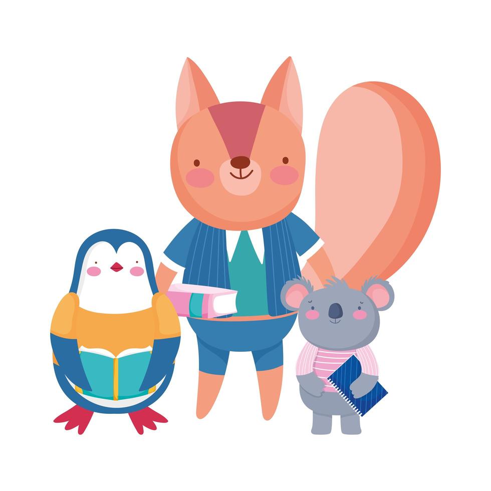 regreso a la escuela, oso, ardilla, pingüino, koala con bolsa de libros al aire libre vector