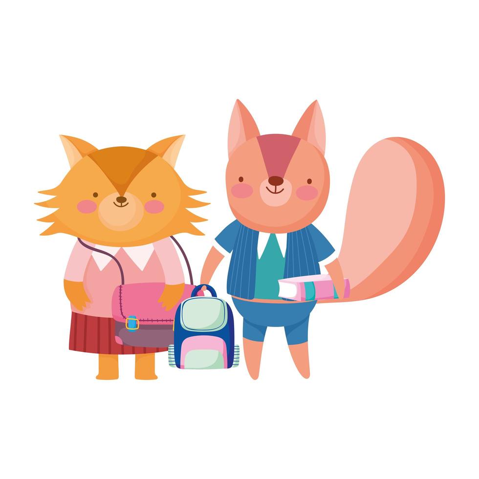 back to school, fox and squirrel backpack book cartoon vector