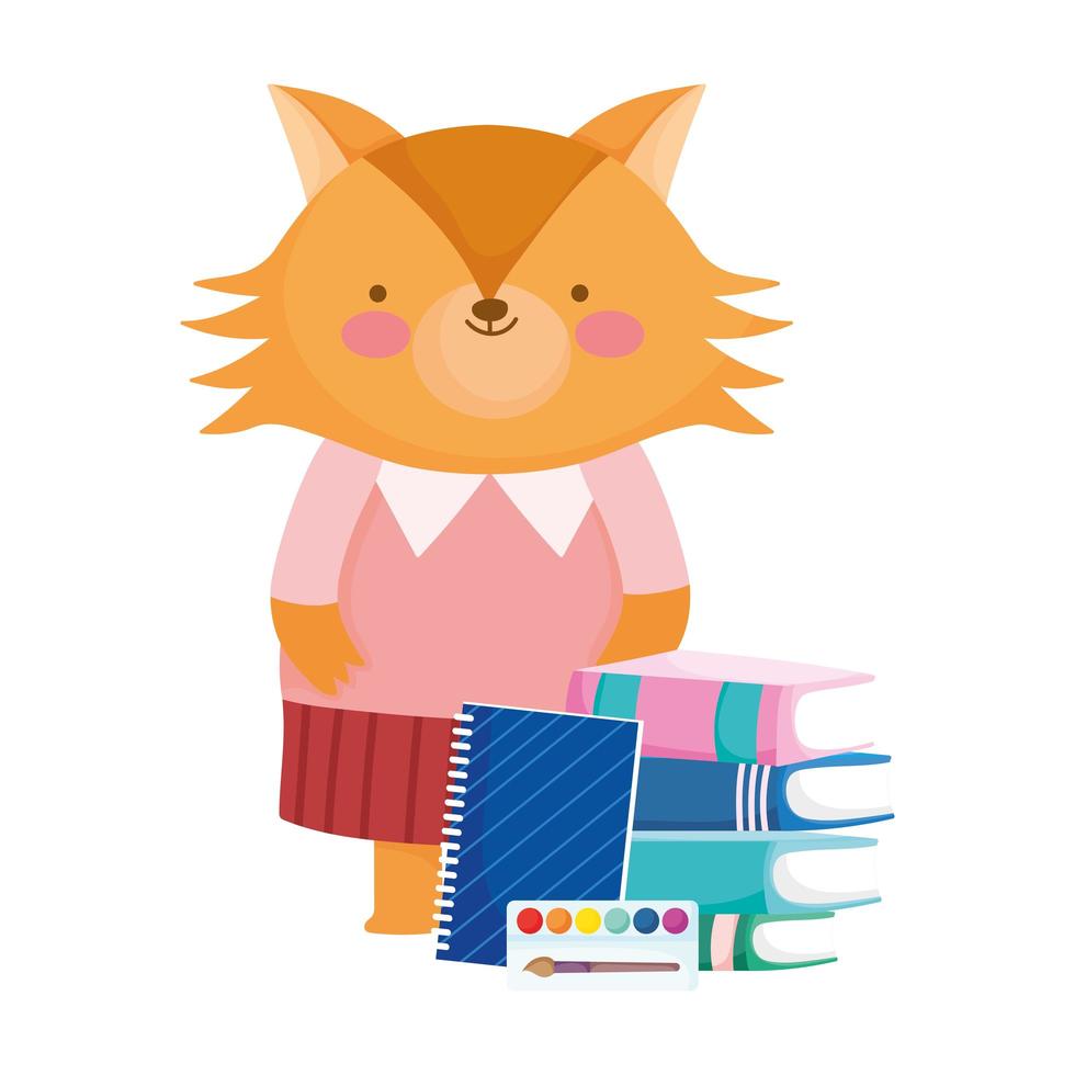 back to school, fox books notepad palette color cartoon vector