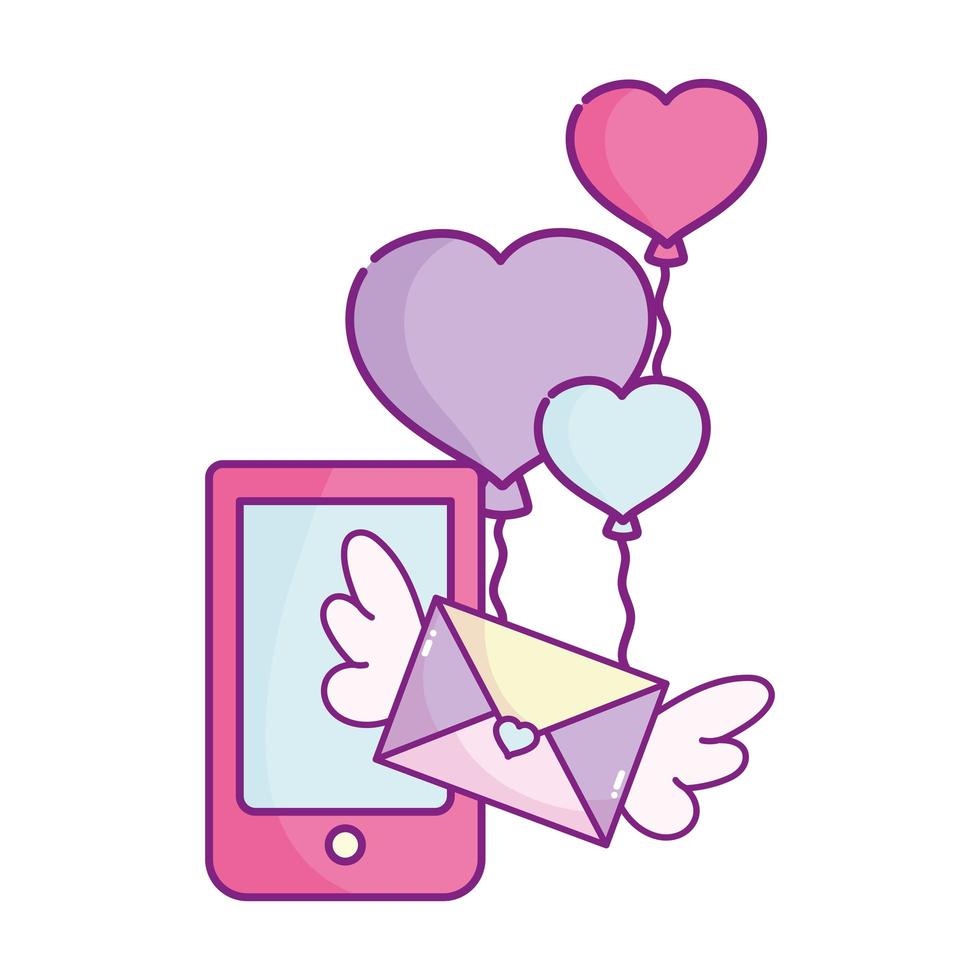 happy valentines day, smartphone mail message balloons shaped heart vector