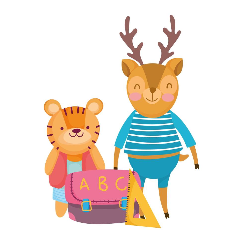 back to school, tiger and deer bag ruler supplies cartoon vector