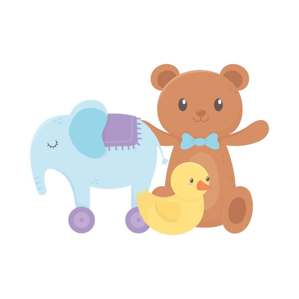 zona infantil, oso de peluche, pato y juguetes de elefante. vector