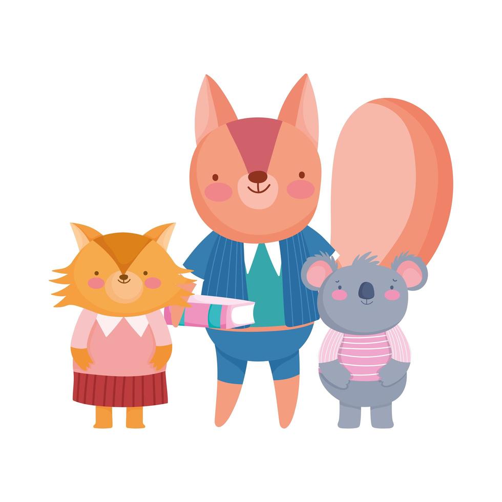 back to school, squirrel koala and fox students cartoon characters vector