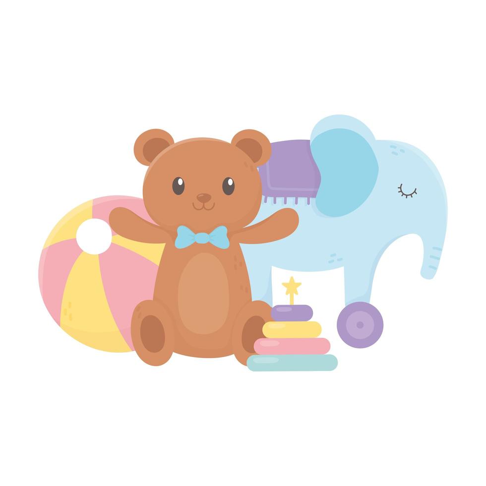 kids zone, teddy bear ball stacking tower and elephant toys vector