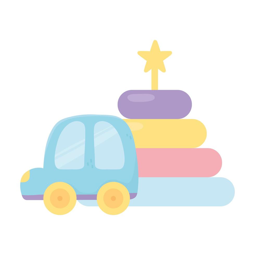 Zona infantil, coche de plástico y torre de rompecabezas, juguetes de dibujos animados. vector