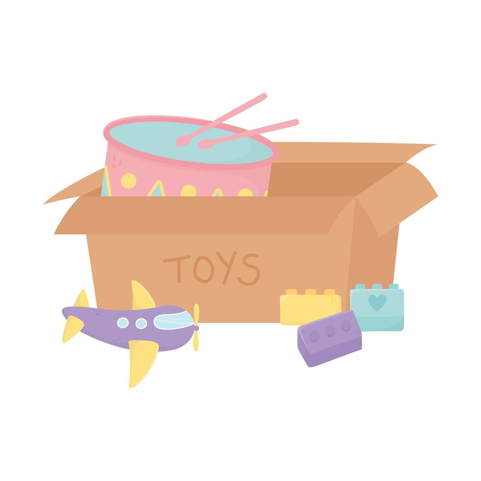 zona infantil, caja de cartón con avión de tambor y juguetes de ladrillos vector