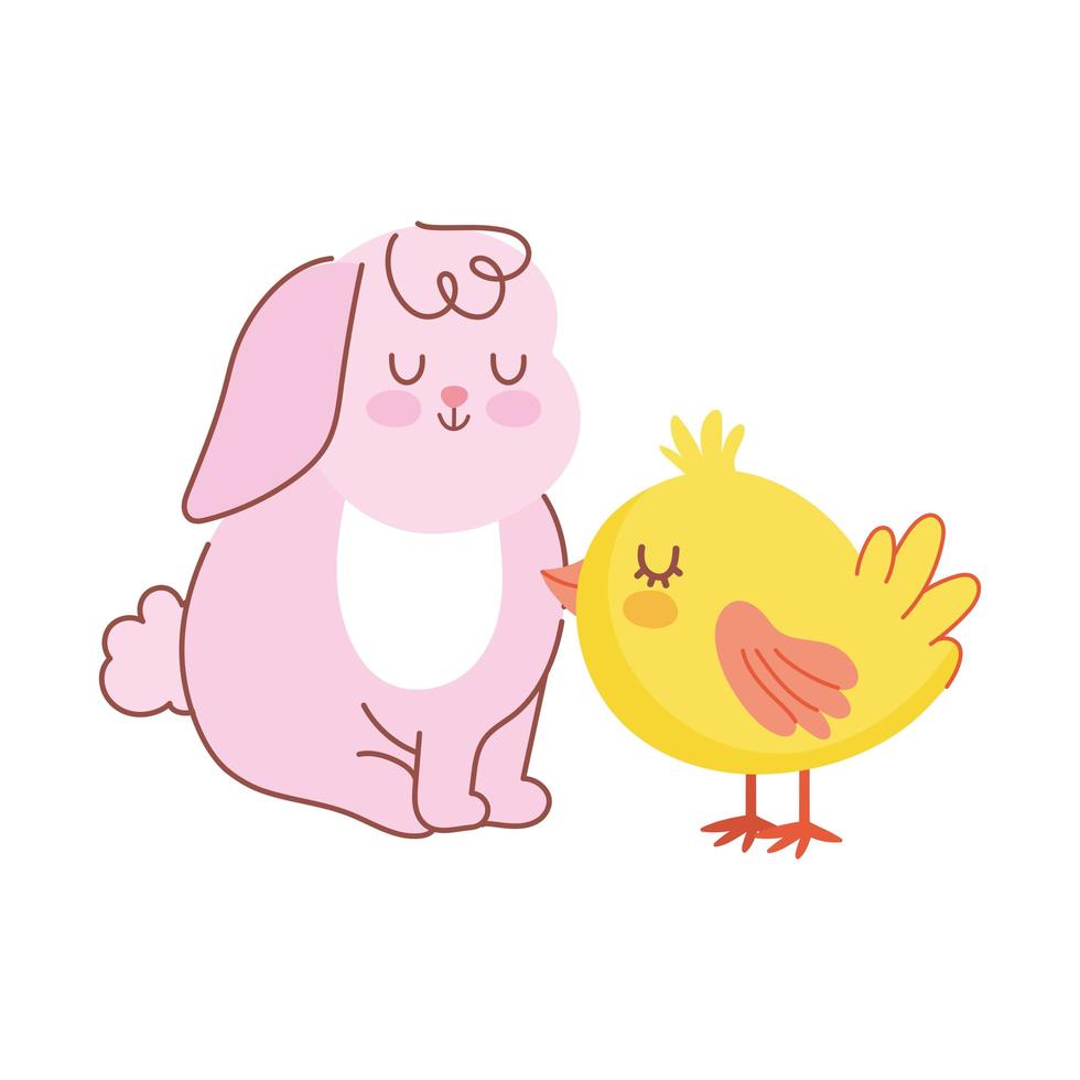 feliz pascua rosa conejo sentado con dibujos animados de pollo vector