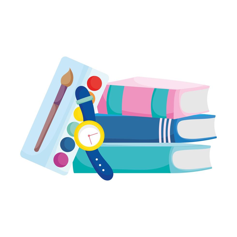 back to school books palette color and watch supplies vector