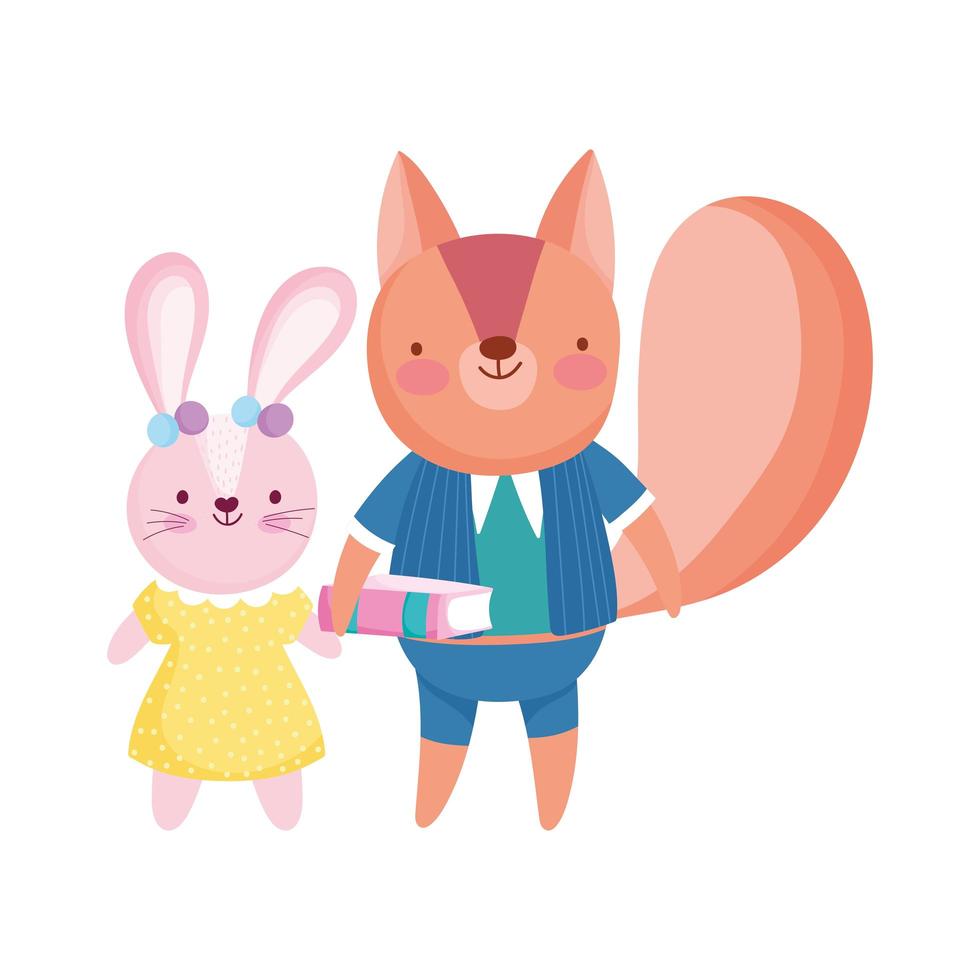 regreso a la escuela, lindo conejo y ardilla con dibujos animados de libro vector